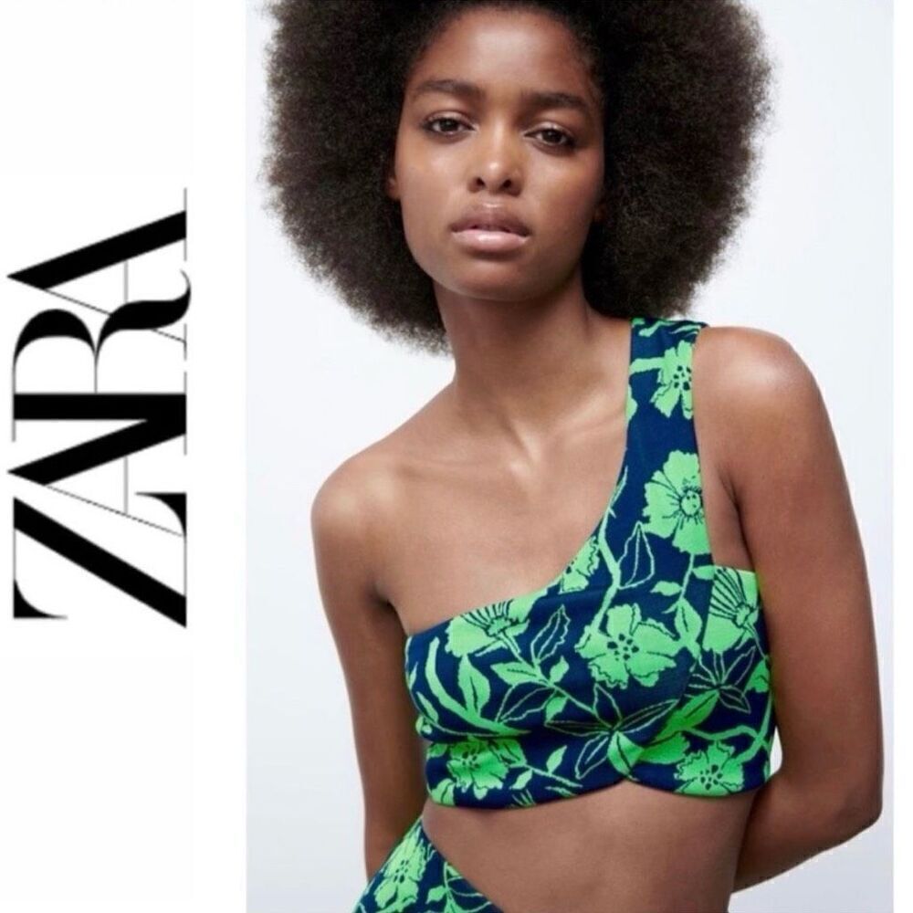 NWT Zara Sz M Jacquard Green & Blue Floral One Shoulder Asymmetric Neckline Crop